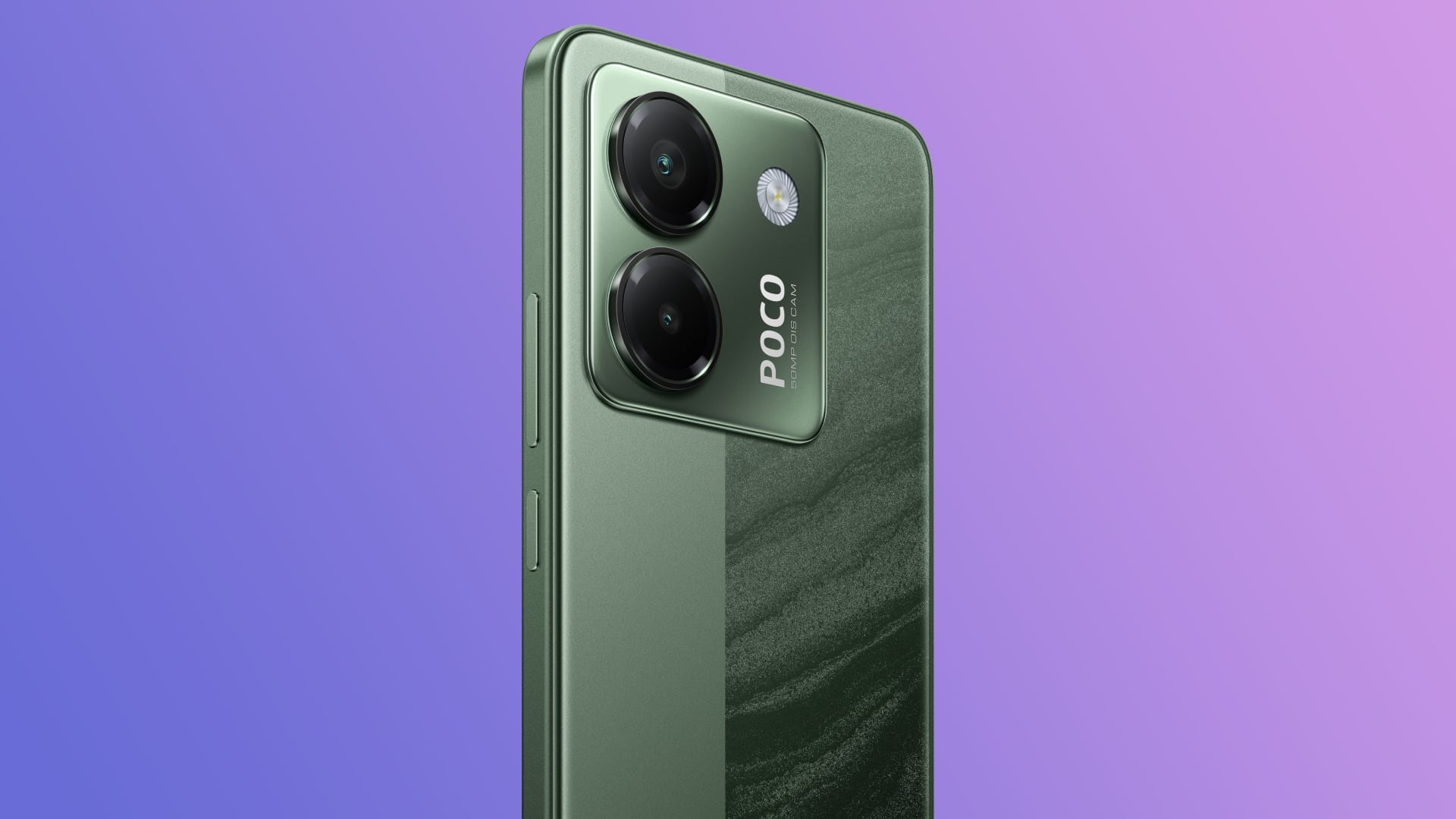 هاتف Poco M7 Pro 5G على خلفية متدرجة باللونين الأزرق والوردي