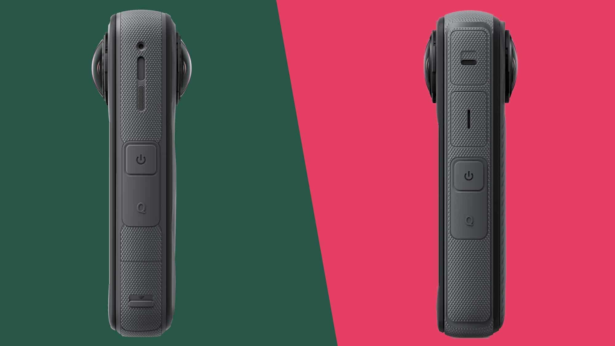 Insta360 X5 alongside Insta360 X4 on split color backdrop