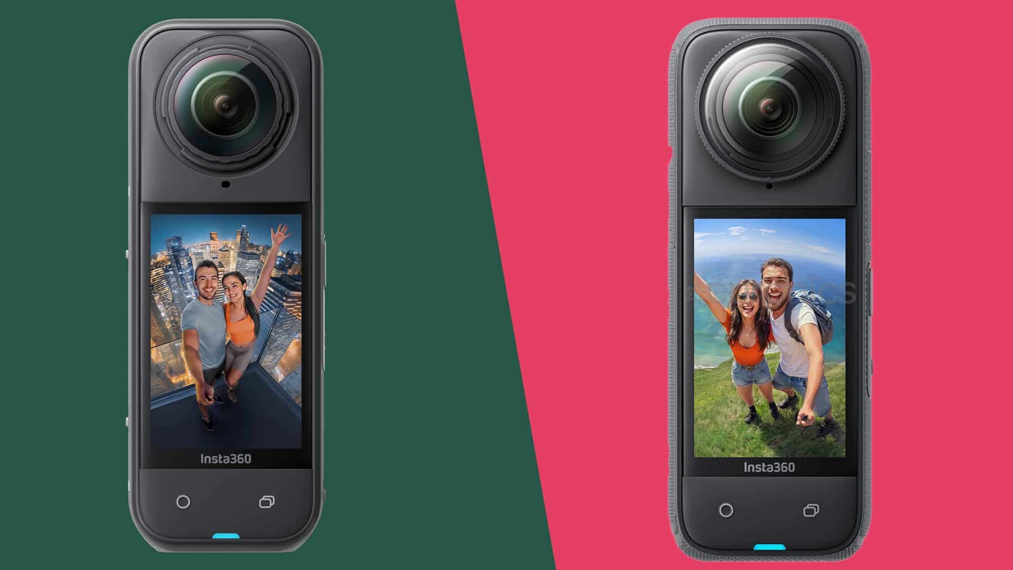 Insta360 X5 alongside Insta360 X4 on split color backdrop