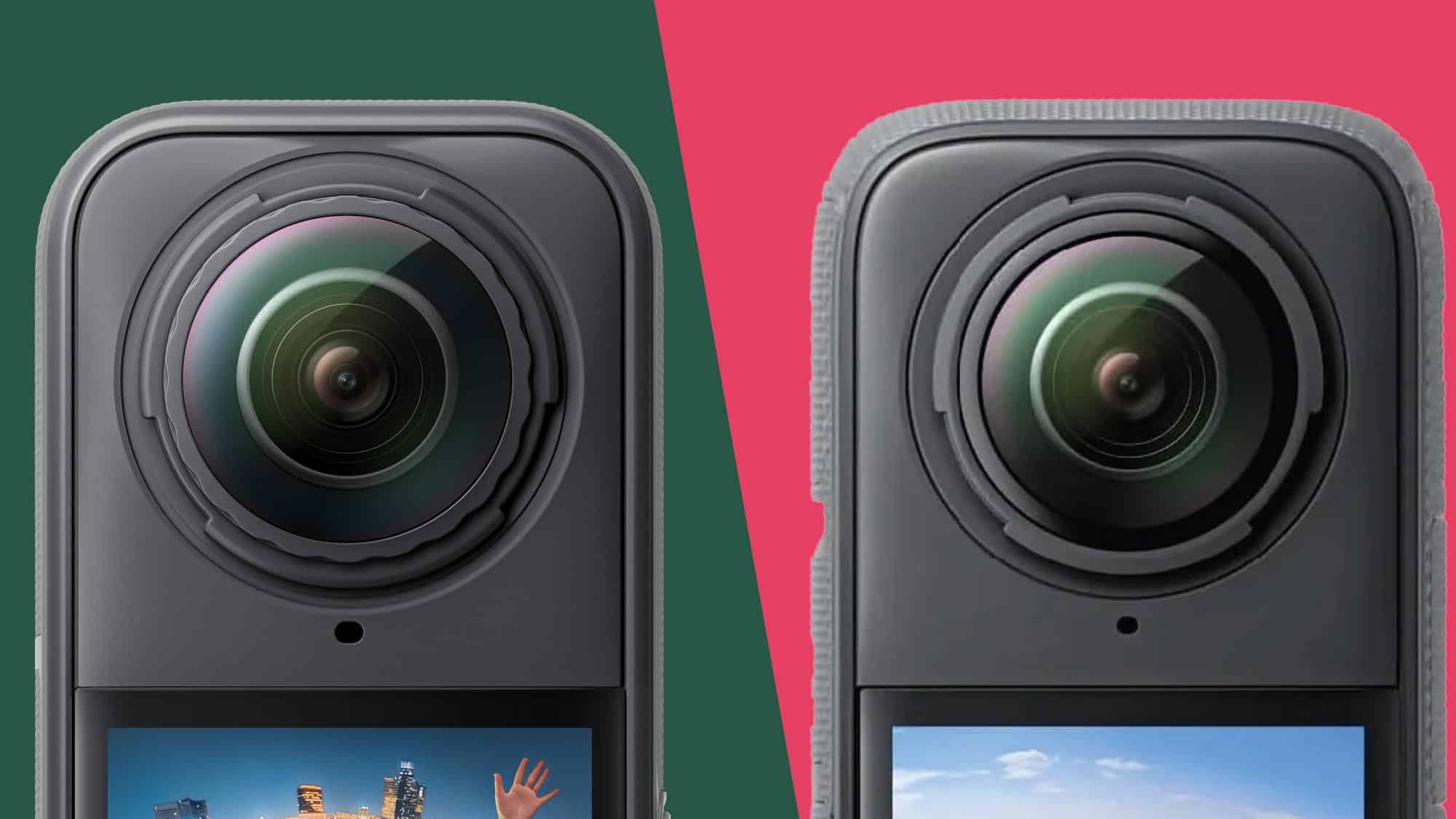 Insta360 X5 alongside Insta360 X4 on split color backdrop