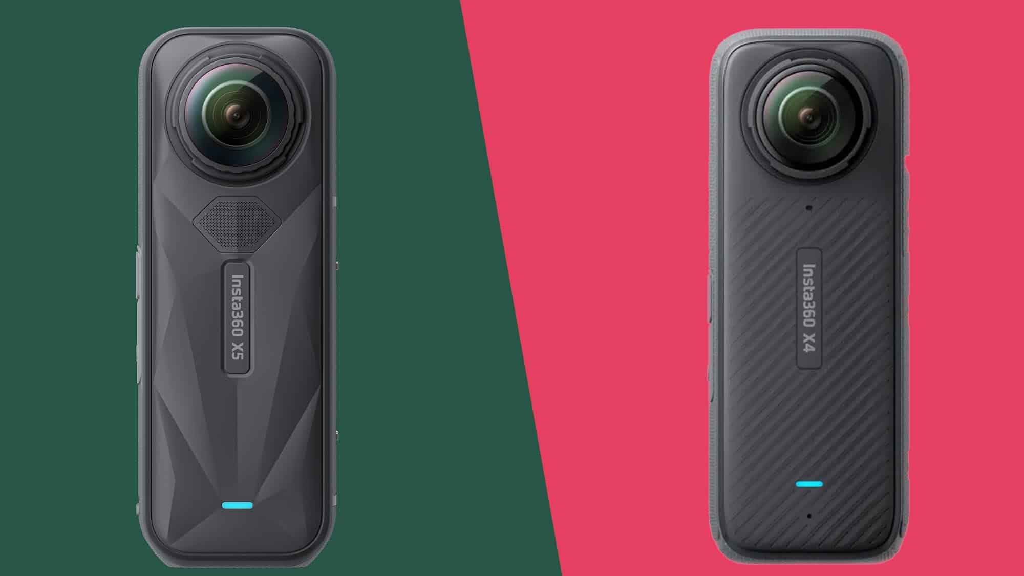 Insta360 X5 alongside Insta360 X4 on split color backdrop