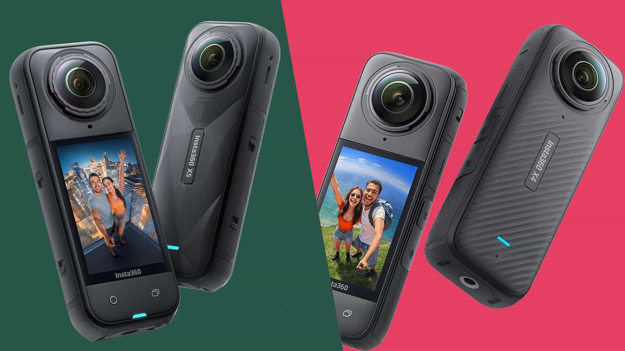 Insta360 X5 بجانب Insta360 X4 على خلفية مقسمة الألوان