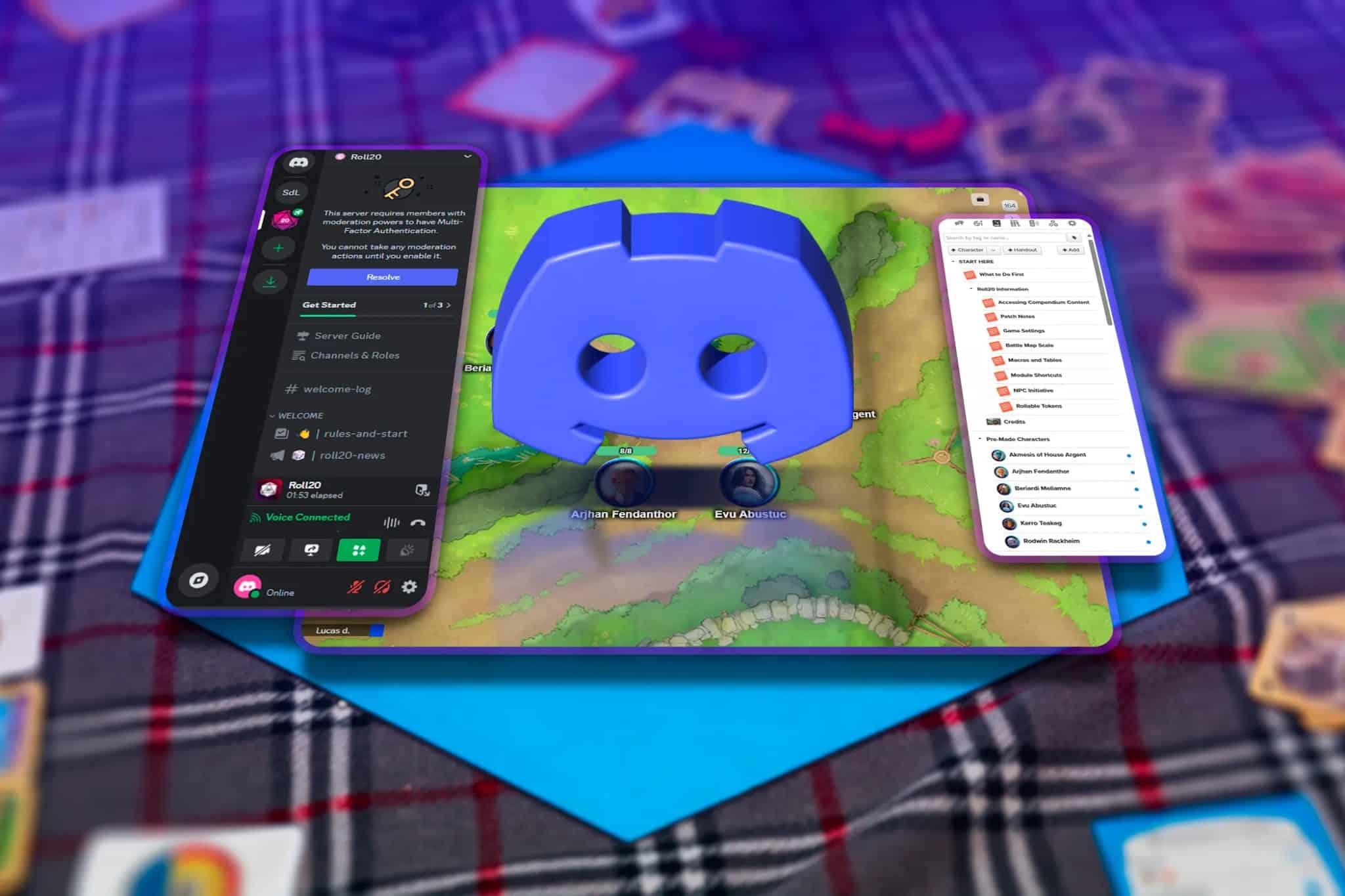 صورة للعبة لوحية مع لقطة شاشة للعبة على Discord وشعار Discord في المنتصف.