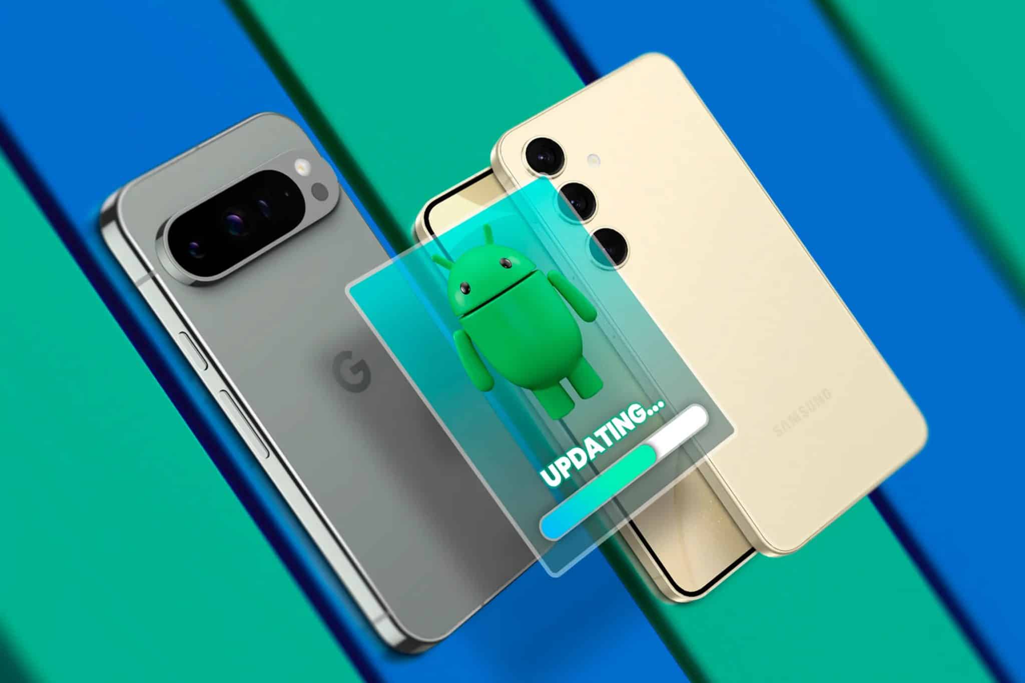 هاتف Google Pixel بجوار هاتف Samsung Galaxy، مع صورة لتحديث Android أعلى الجهازين.