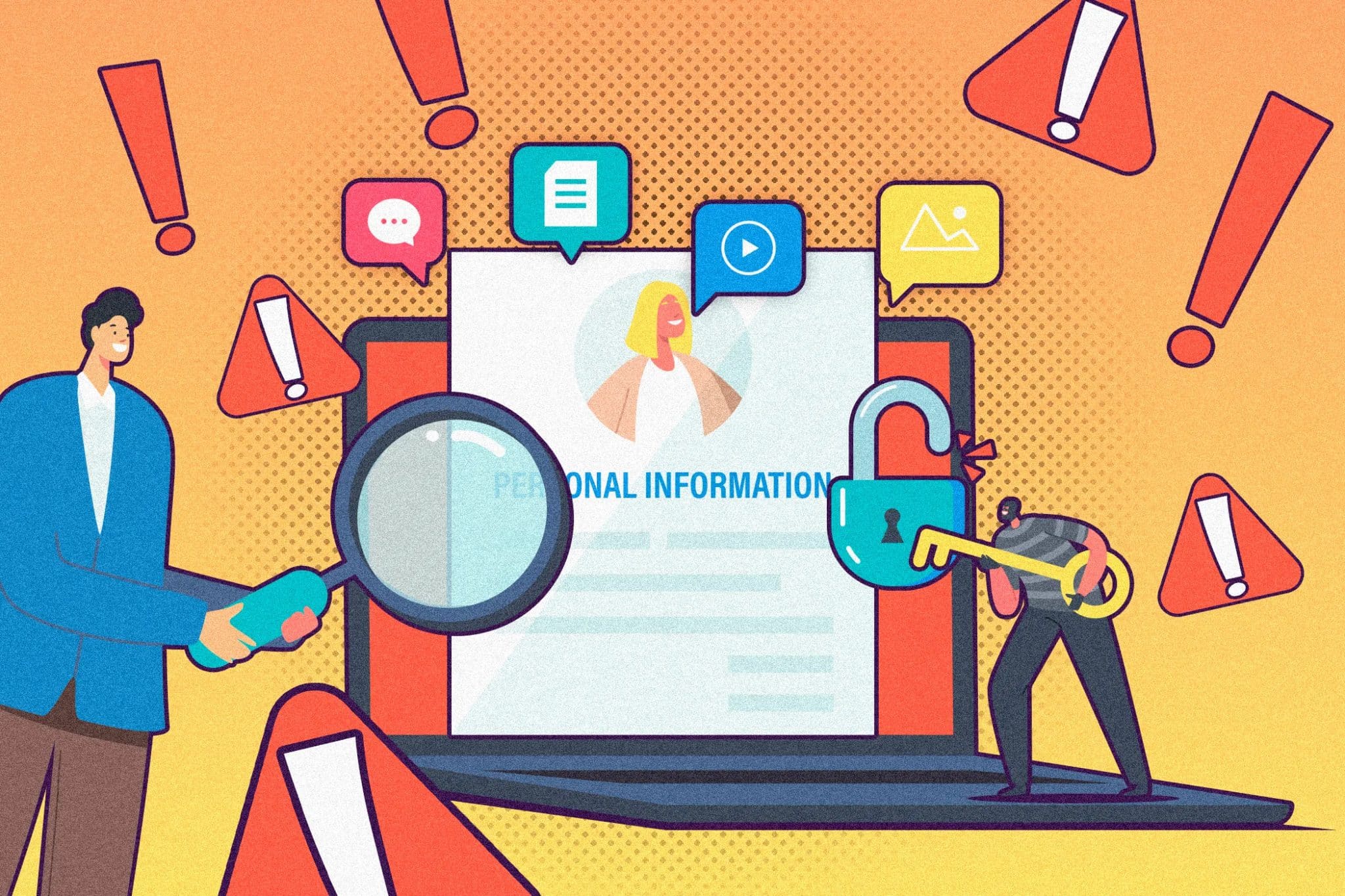 جهاز كمبيوتر محمول يحتوي على معلومات شخصية لفرد، وشخص يحمل عدسة مكبرة ينظر إلى الشاشة، ولص يحاول سرقة المعلومات.