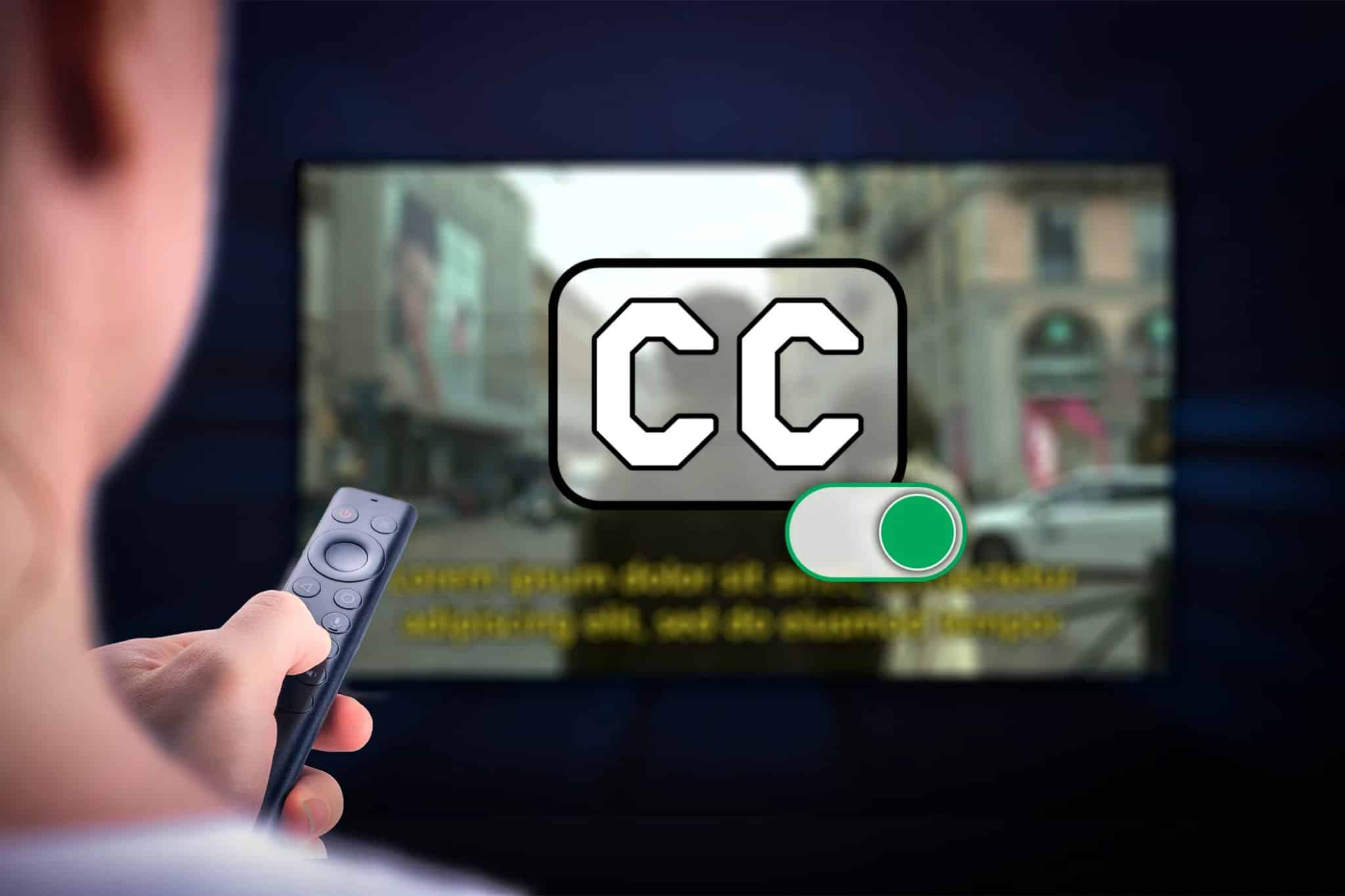 شخص يحمل جهاز تحكم عن بعد يشاهد فيلمًا مع ترجمة مصاحبة، ورمز الترجمة في المنتصف.
