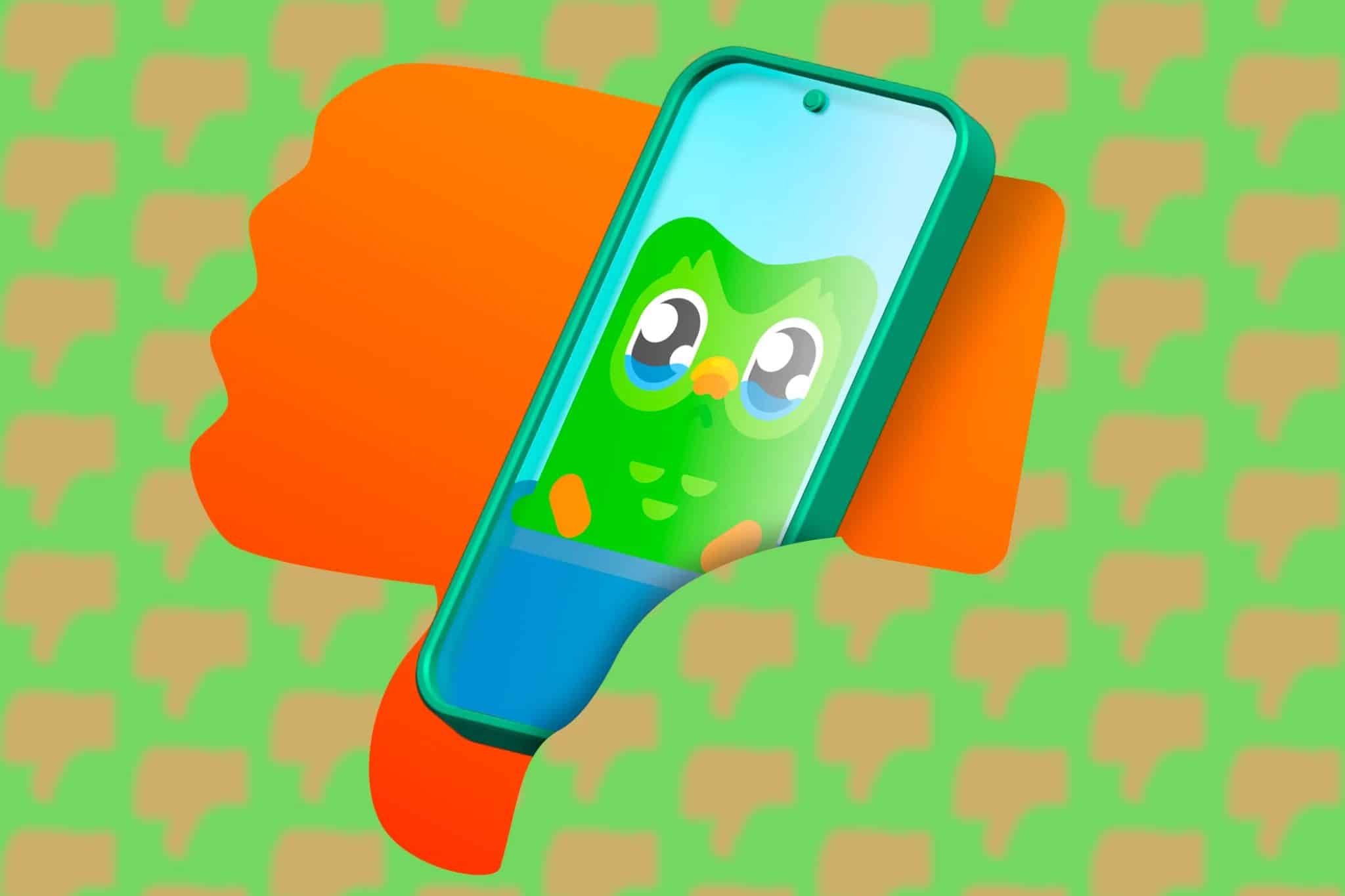 A phone with an image of Duolingo coming out of a thumbs-down icon.