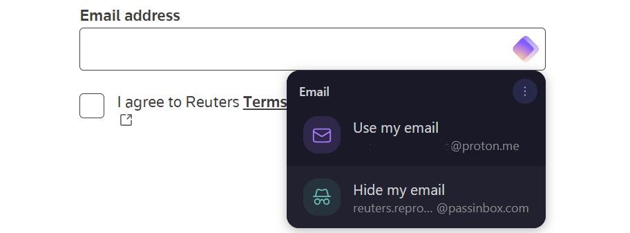 A screenshot showing Proton Pass generating and recommending Hide my email aliases