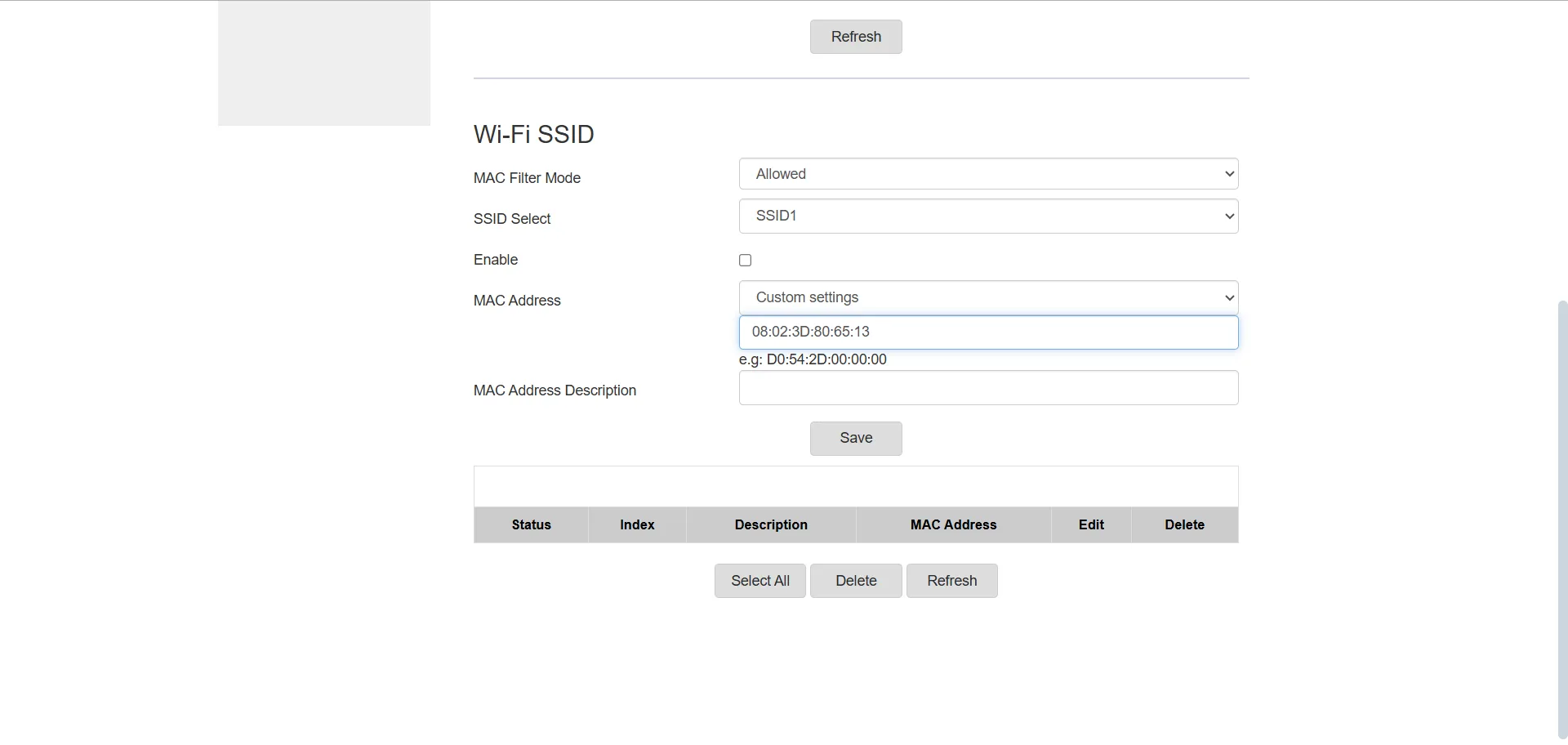 Adding the MAC address in Router Panel