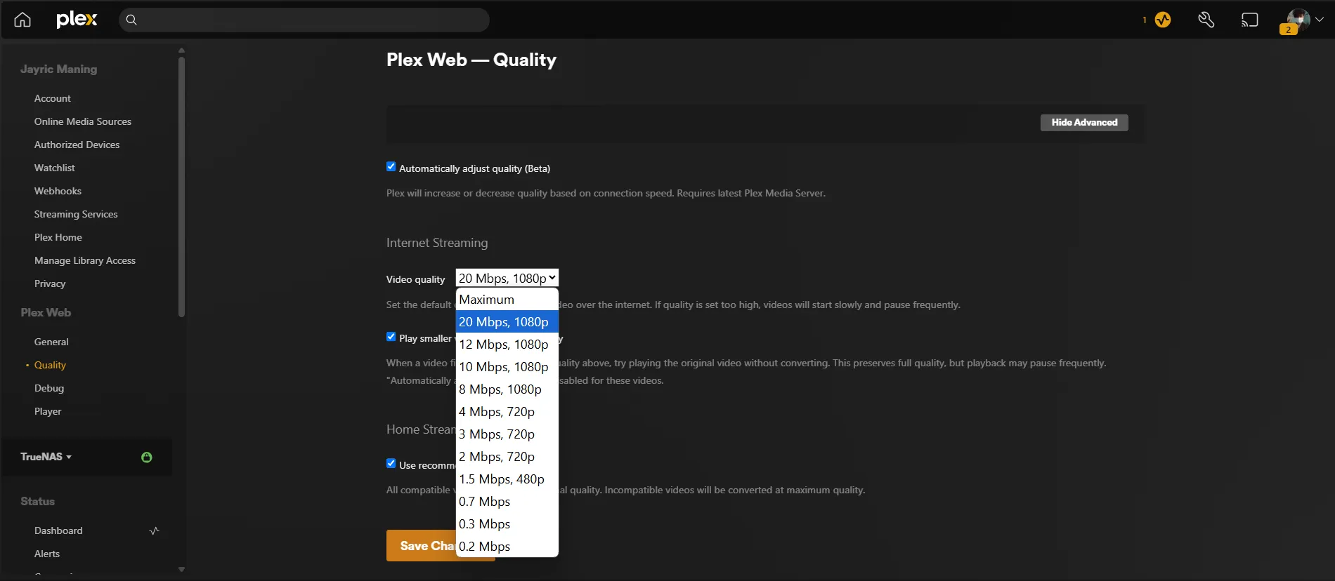 تعديل جودة البث على خادم Plex media الخاص بي