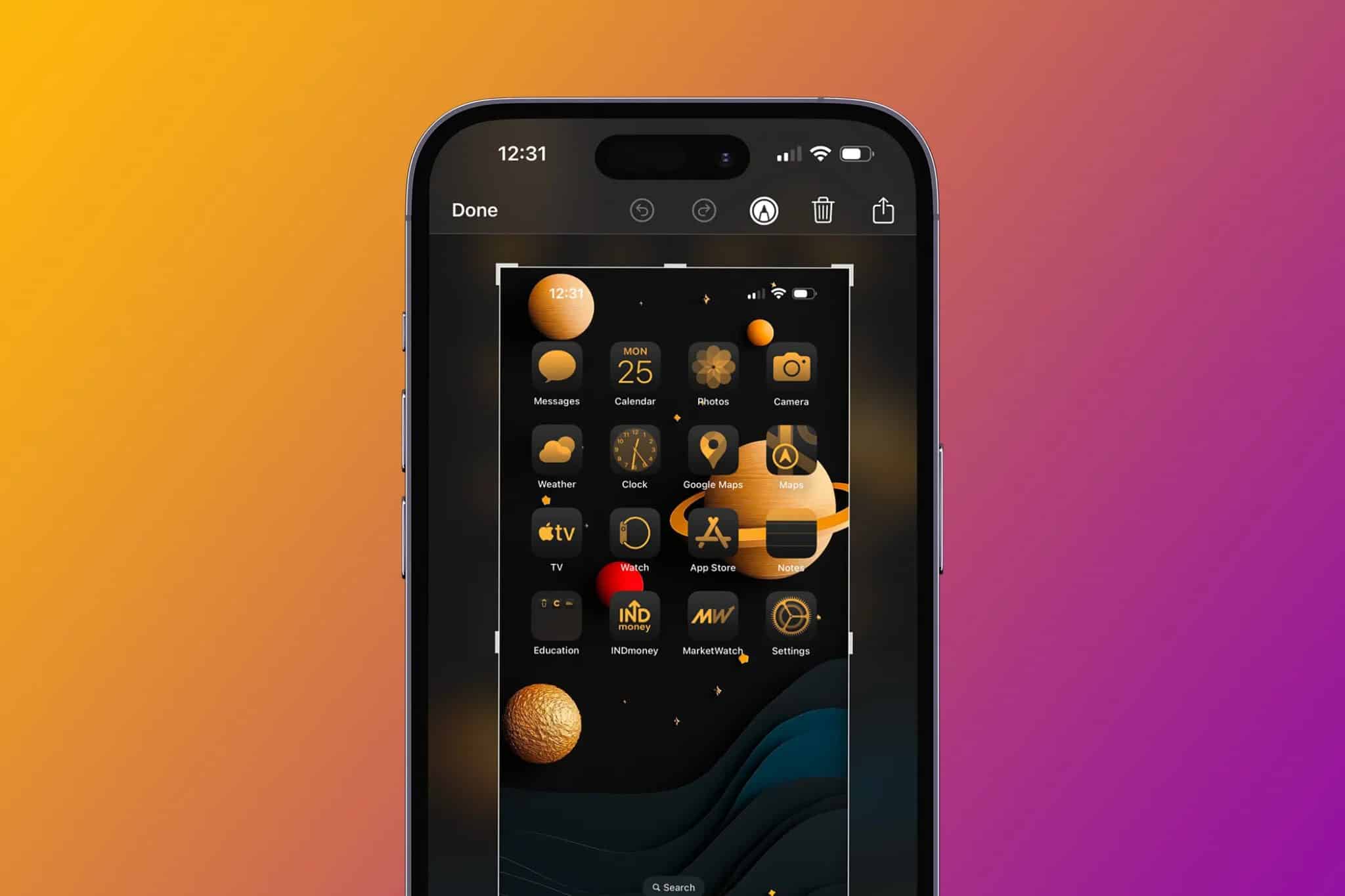 An iPhone 14 Pro showing the screenshot markup tool in iOS with a gradient background