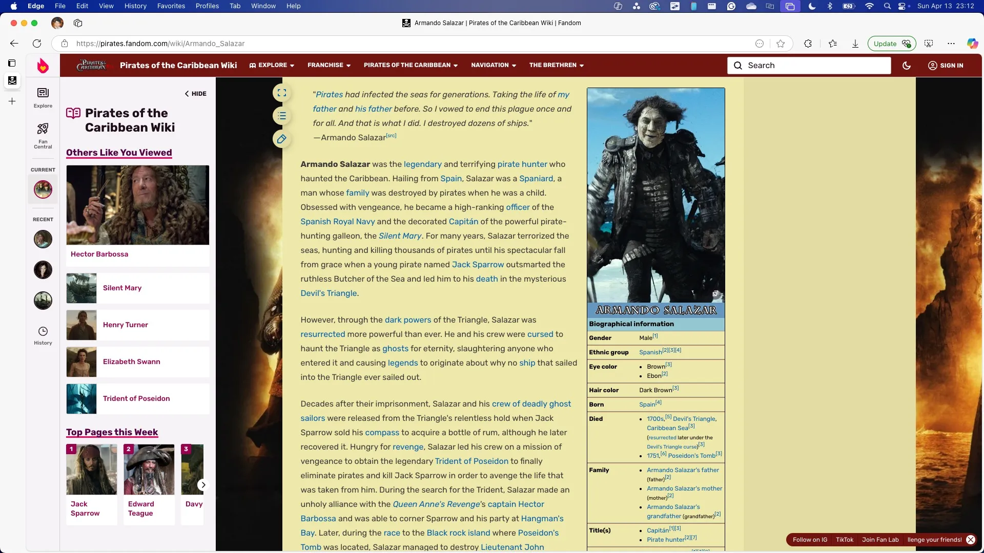 Armando Salazar Pirates of the Caribbean Wiki page