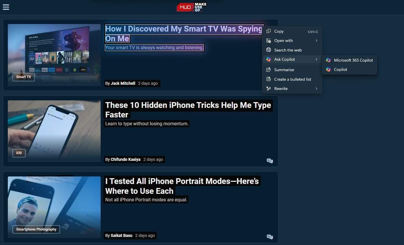 خيارات Ask Copilot في Click to Do