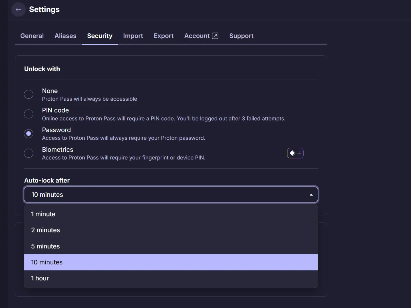 مؤقت القفل التلقائي في Proton Pass مضبوط على عشر دقائق.