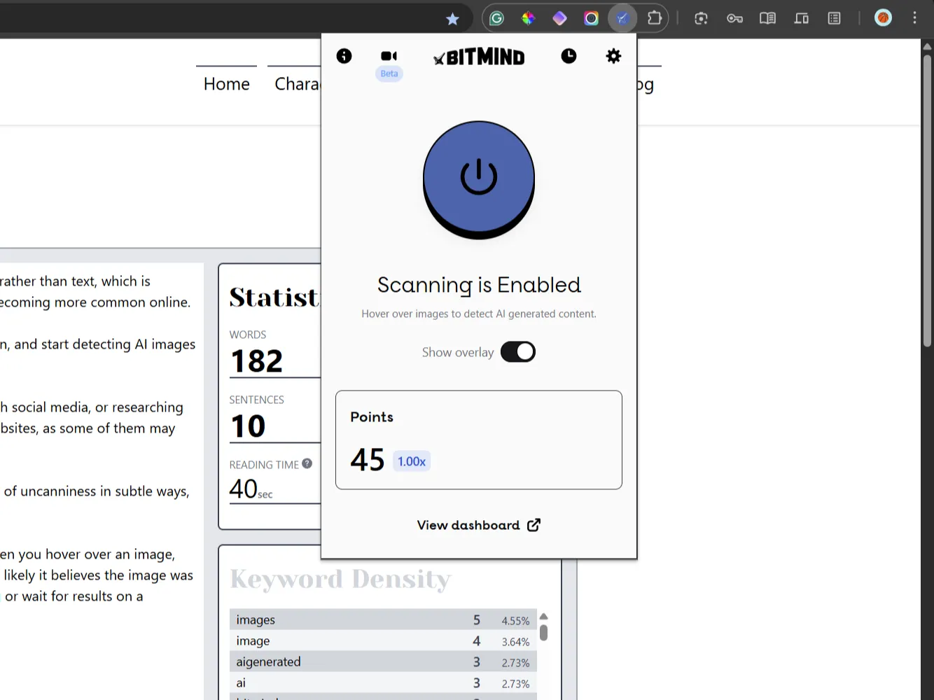 Bitmind Chrome extension menu with word counter in the background.