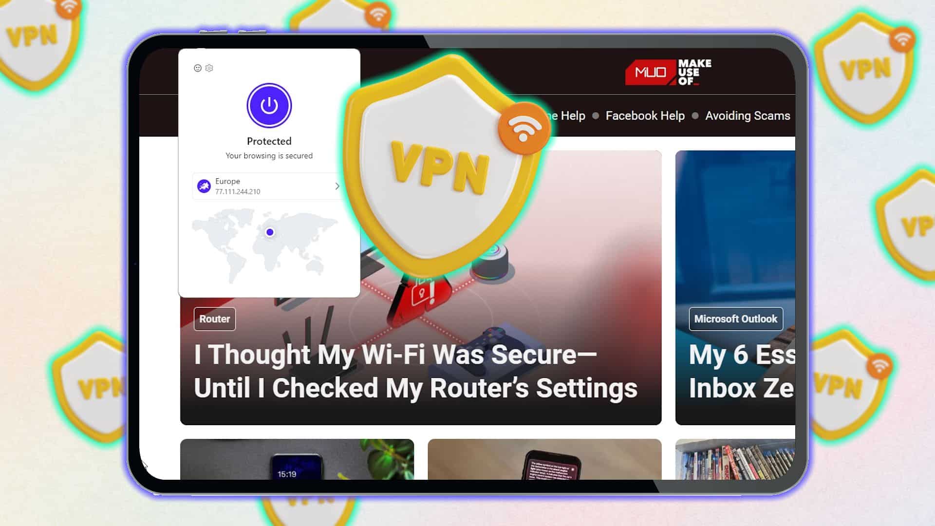 VPN للمتصفح على شاشة جهاز لوحي مع خلفية موقع ويب.