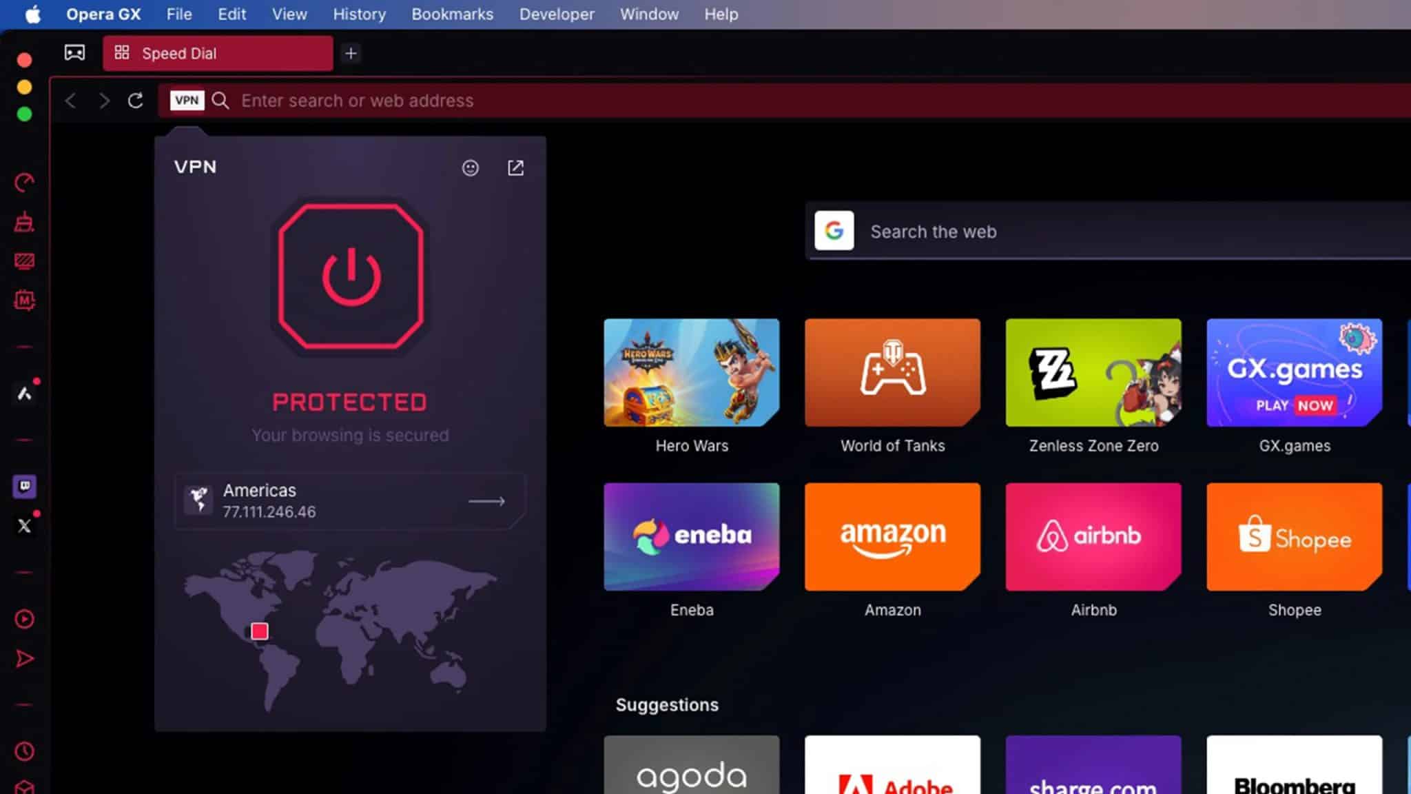 Built-in VPN on Opera GX