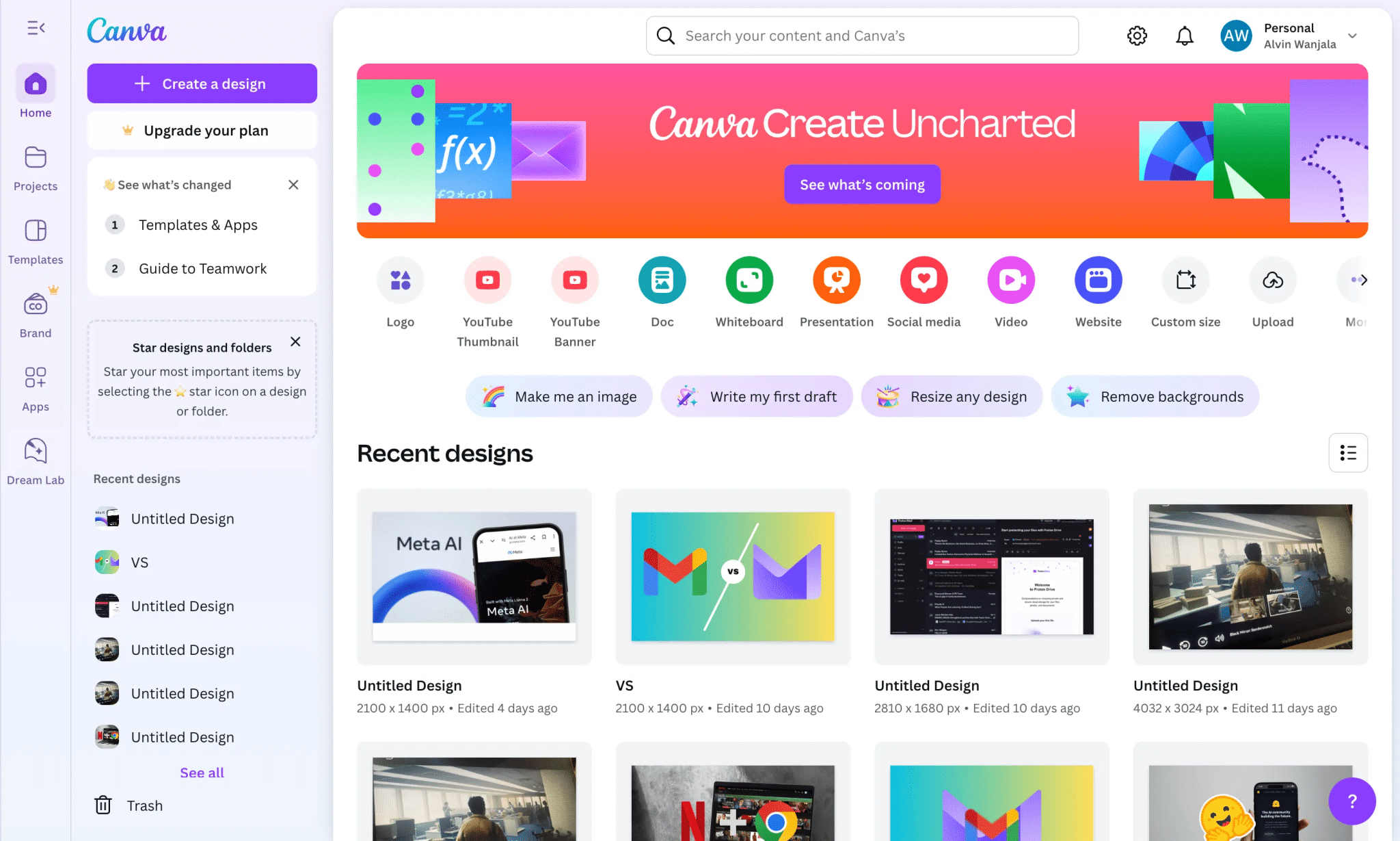 Canva home page while logged in