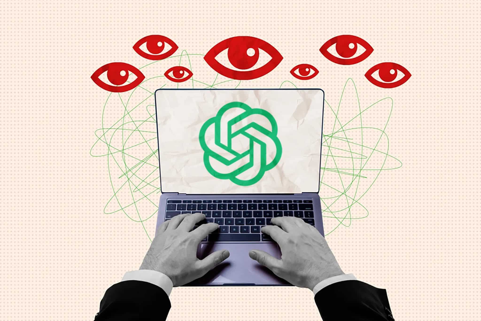 شعار ChatGPT على جهاز كمبيوتر محمول مع عيون تشير إلى الخصوصية