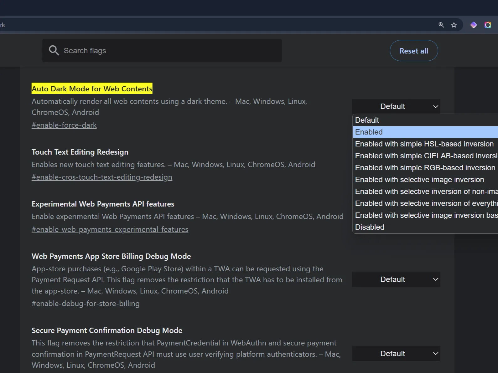 Chrome experimental features featuring options for forced auto dark mode for web content.