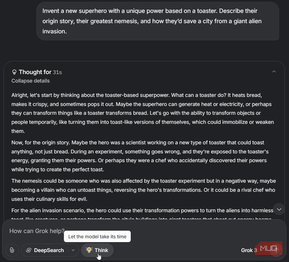 لقطة شاشة لـ Grok وهو يستدل على سؤال باستخدام وضع التفكير