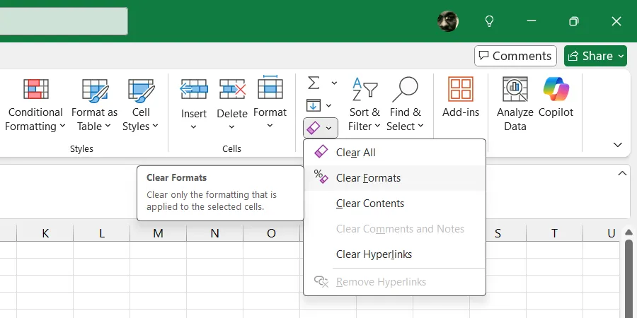 مسح التنسيقات في Excel.