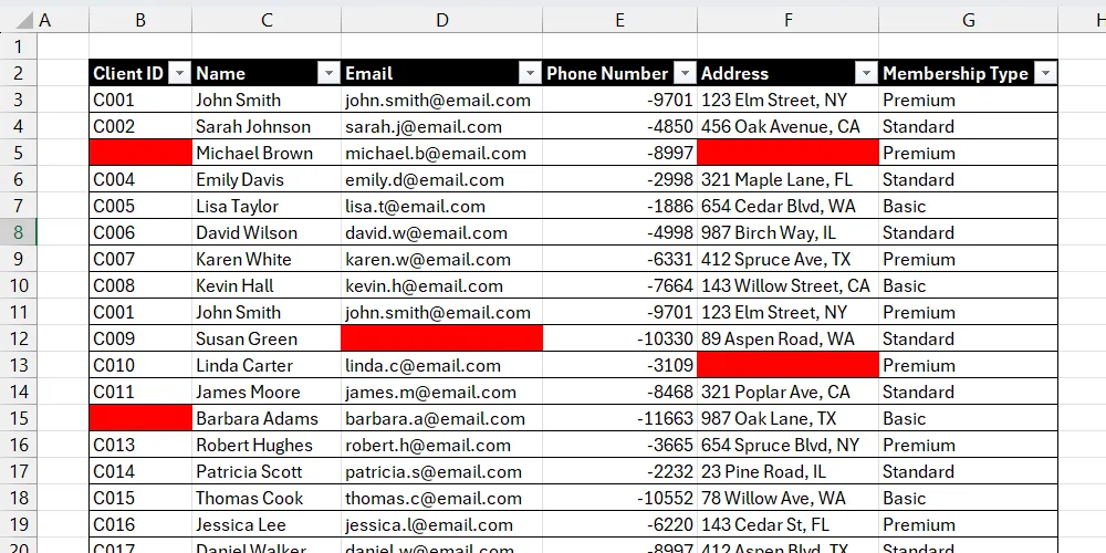 A client list in Excel with blank cells highlighted.