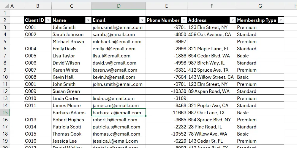 A client list in Excel with blank cells unhighlighted.