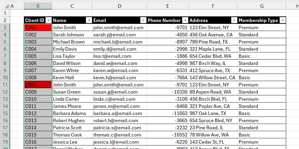 قائمة عملاء في Excel مع تمييز القيم المكررة.