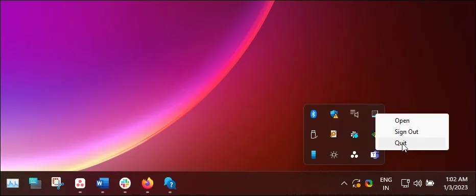 إغلاق التطبيقات في شريط النظام