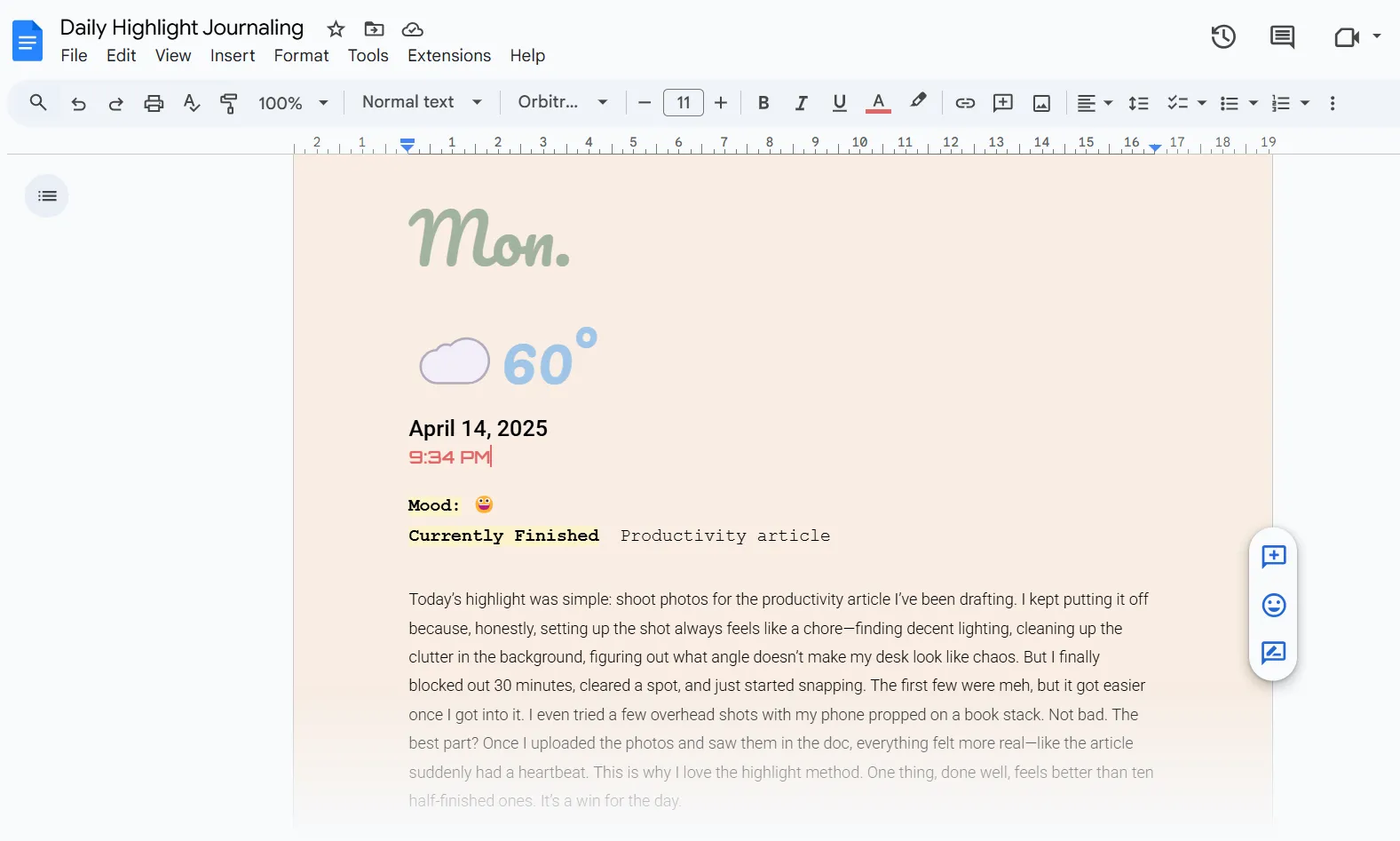 Daily highlight journaling in Google Docs