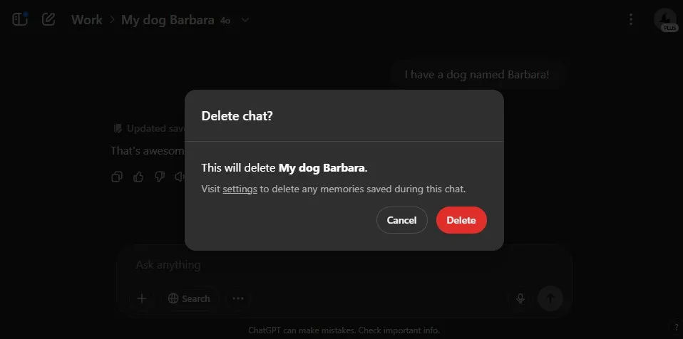 Deleting a chat in ChatGPT