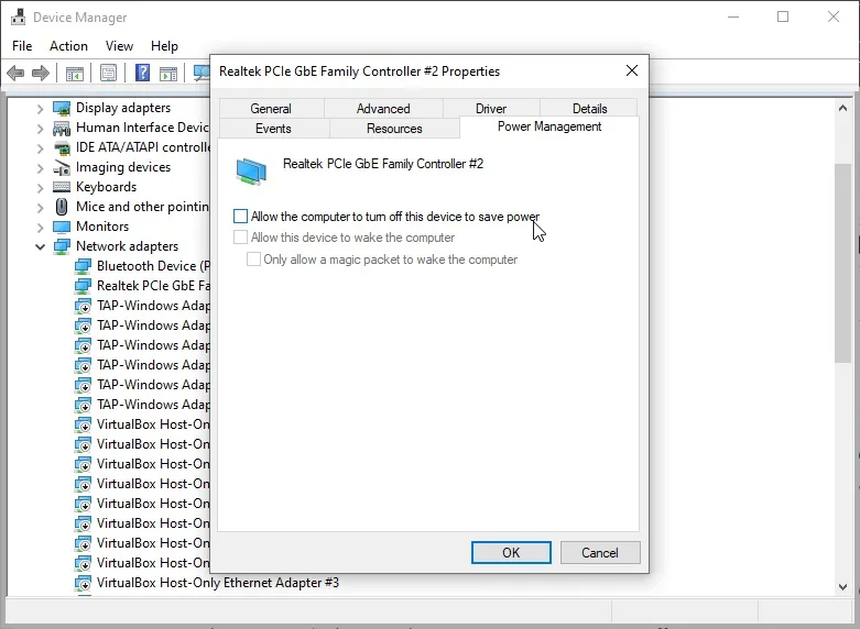 device manager network adapter options windows 10