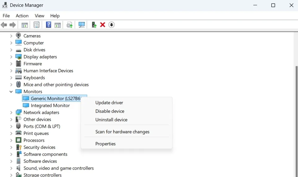 Device Manager showing update monitor driver option