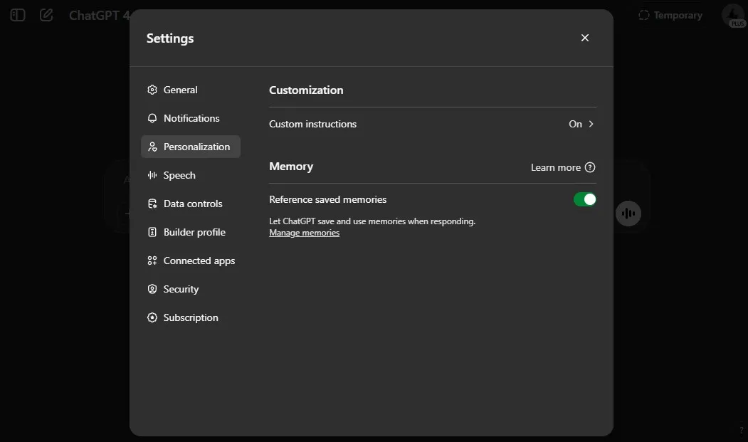 تعطيل ذاكرة ChatGPT