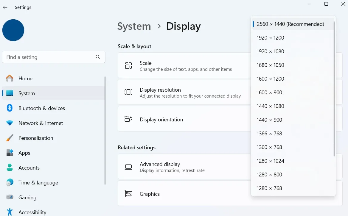 خيارات دقة العرض في نظام التشغيل Windows 11