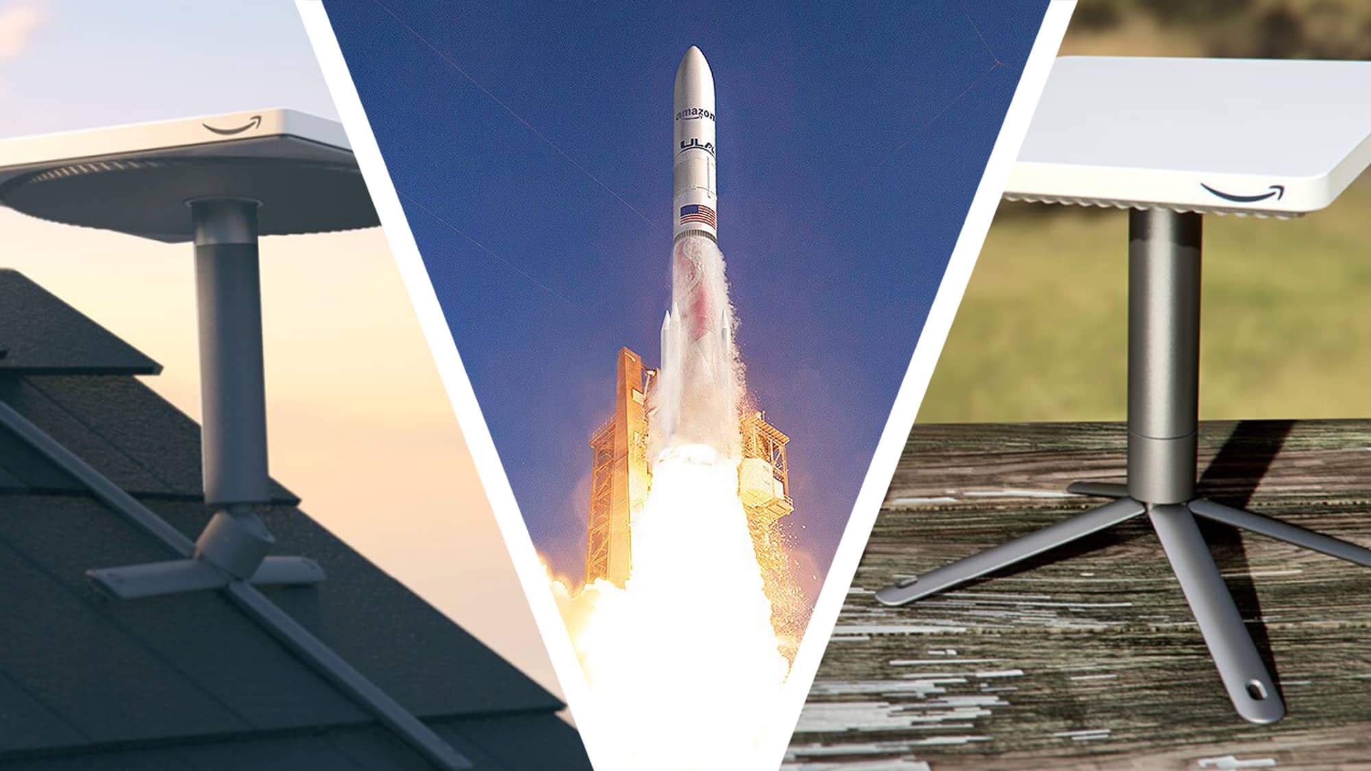 محطتا قمر صناعي لمشروع Kuiper من Amazon بجوار صاروخ ينطلق