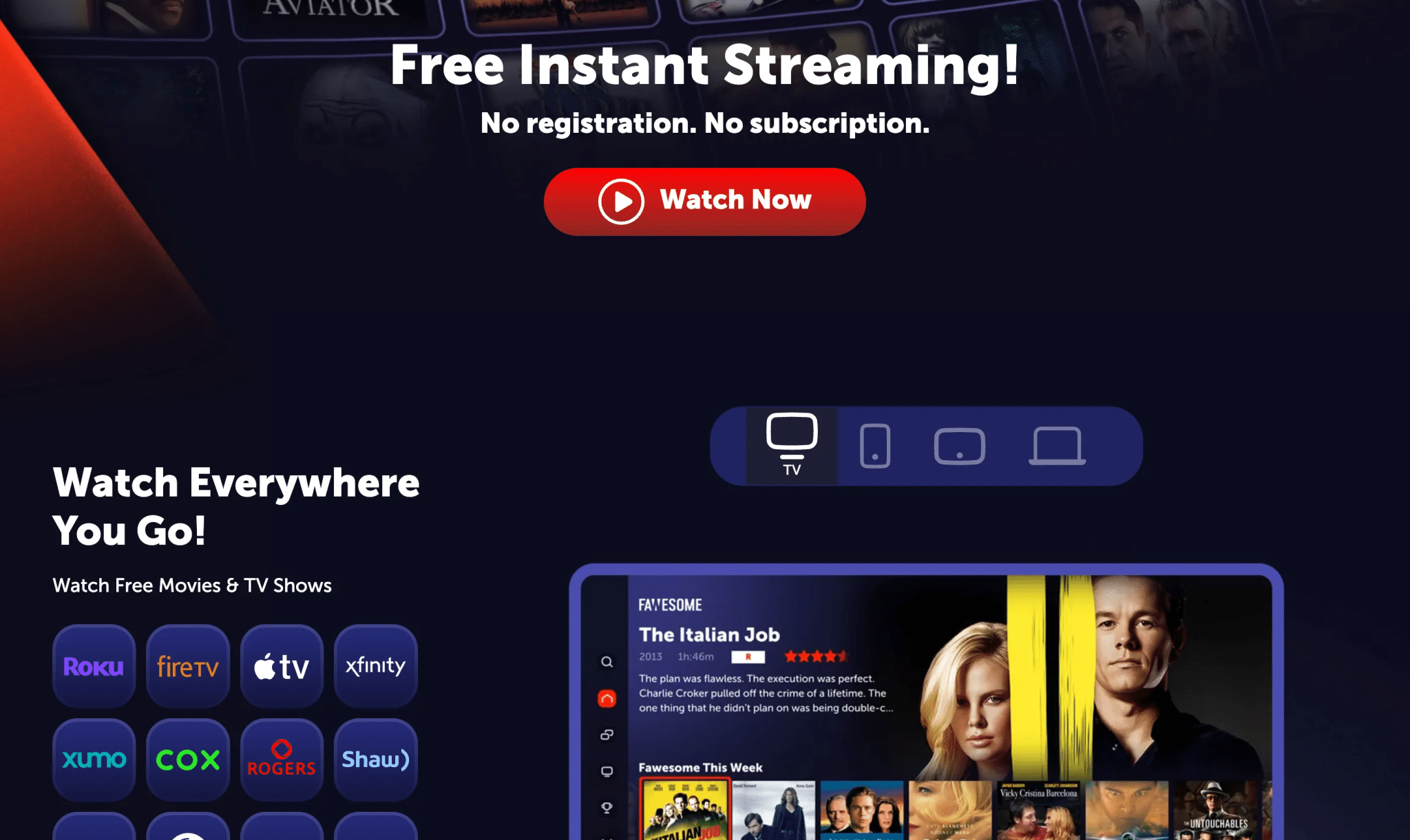 لقطة شاشة للصفحة الرئيسية لـ Fawesome توضح أن التطبيق مدعوم عبر أنظمة تشغيل وأجهزة مختلفة