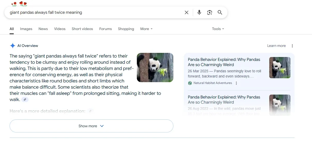 مثال على هلوسة الذكاء الاصطناعي 'دائمًا ما تسقط حيوانات الباندا العملاقة مرتين'.