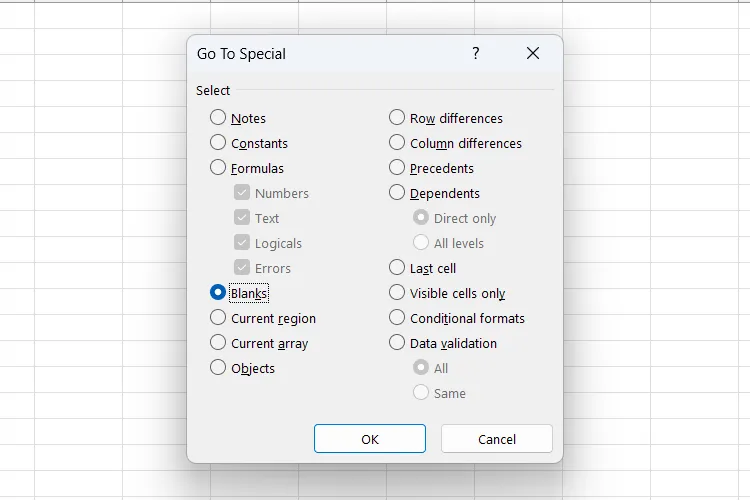 تحديد "فارغة" في مربع الحوار "الانتقال إلى خاص".
