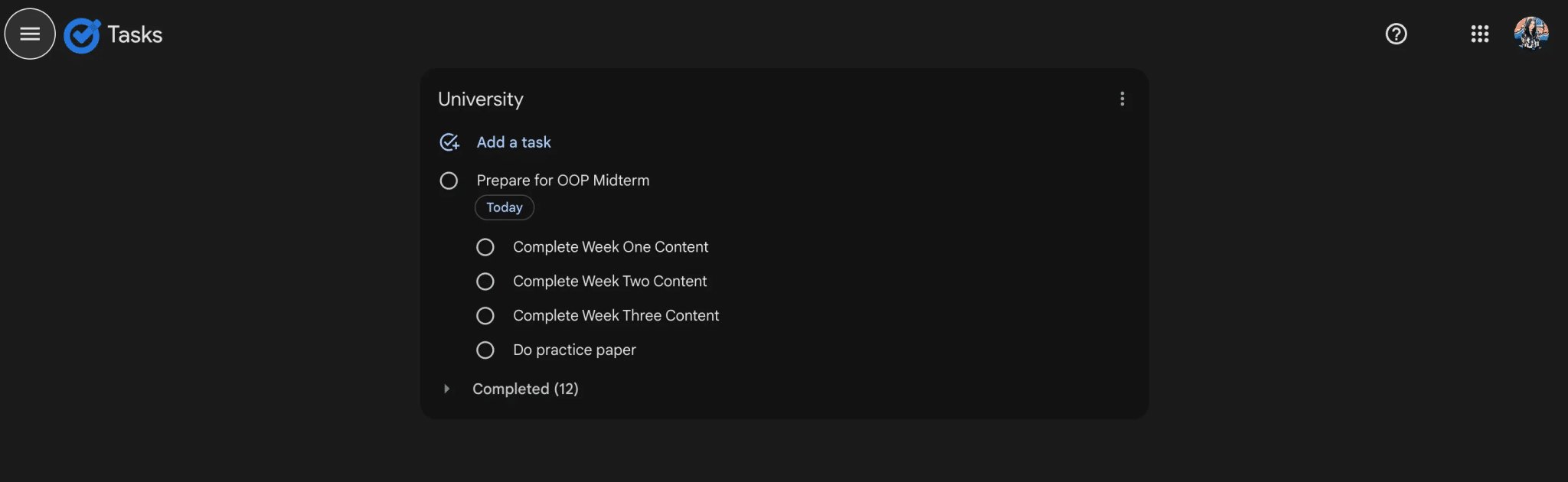 Google Tasks University list
