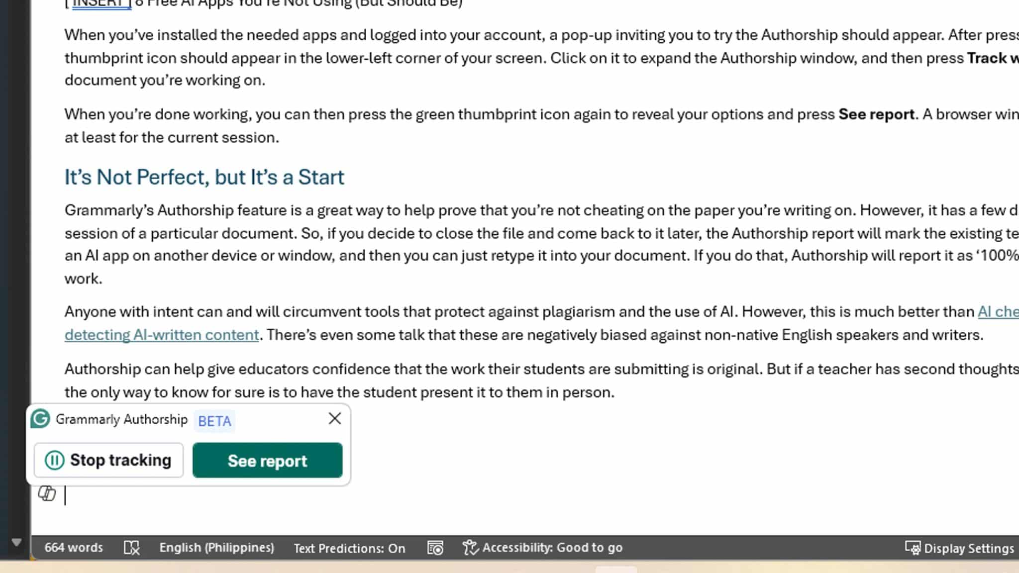 Grammarly Authorship pop-up window