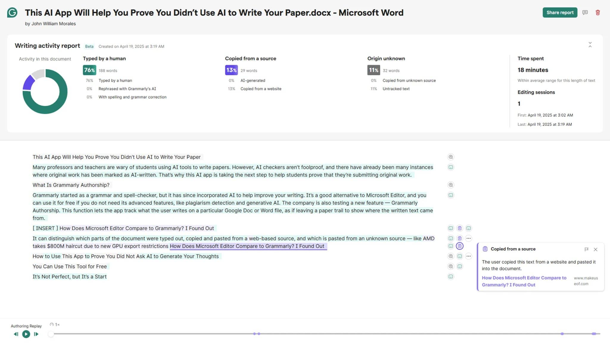 Grammarly Authorship session report