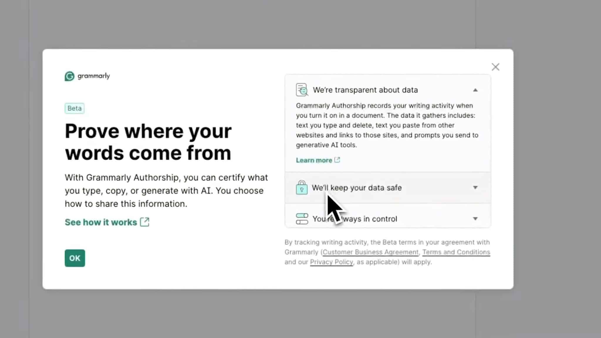 نافذة الترحيب بميزة التحقق من أصالة الكتابة من Grammarly