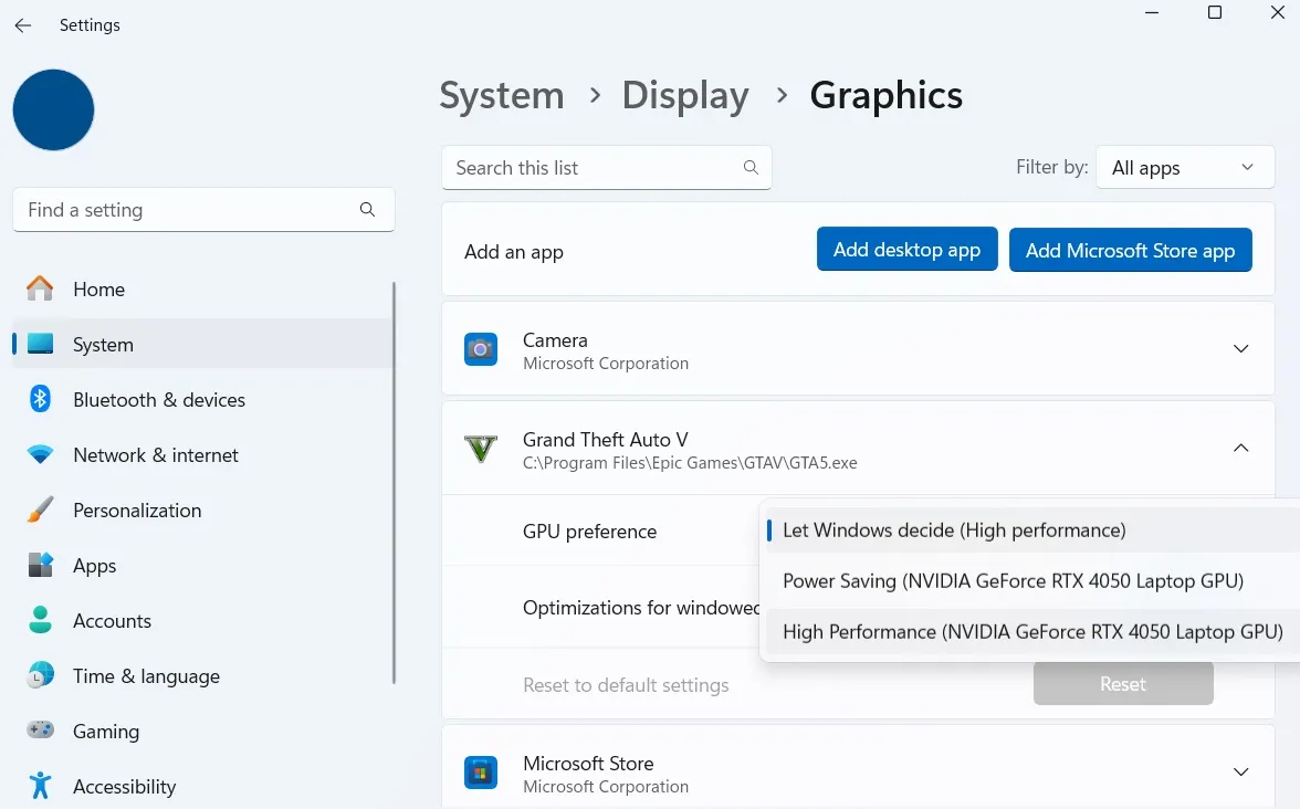 Graphics preference for apps and games on Windows