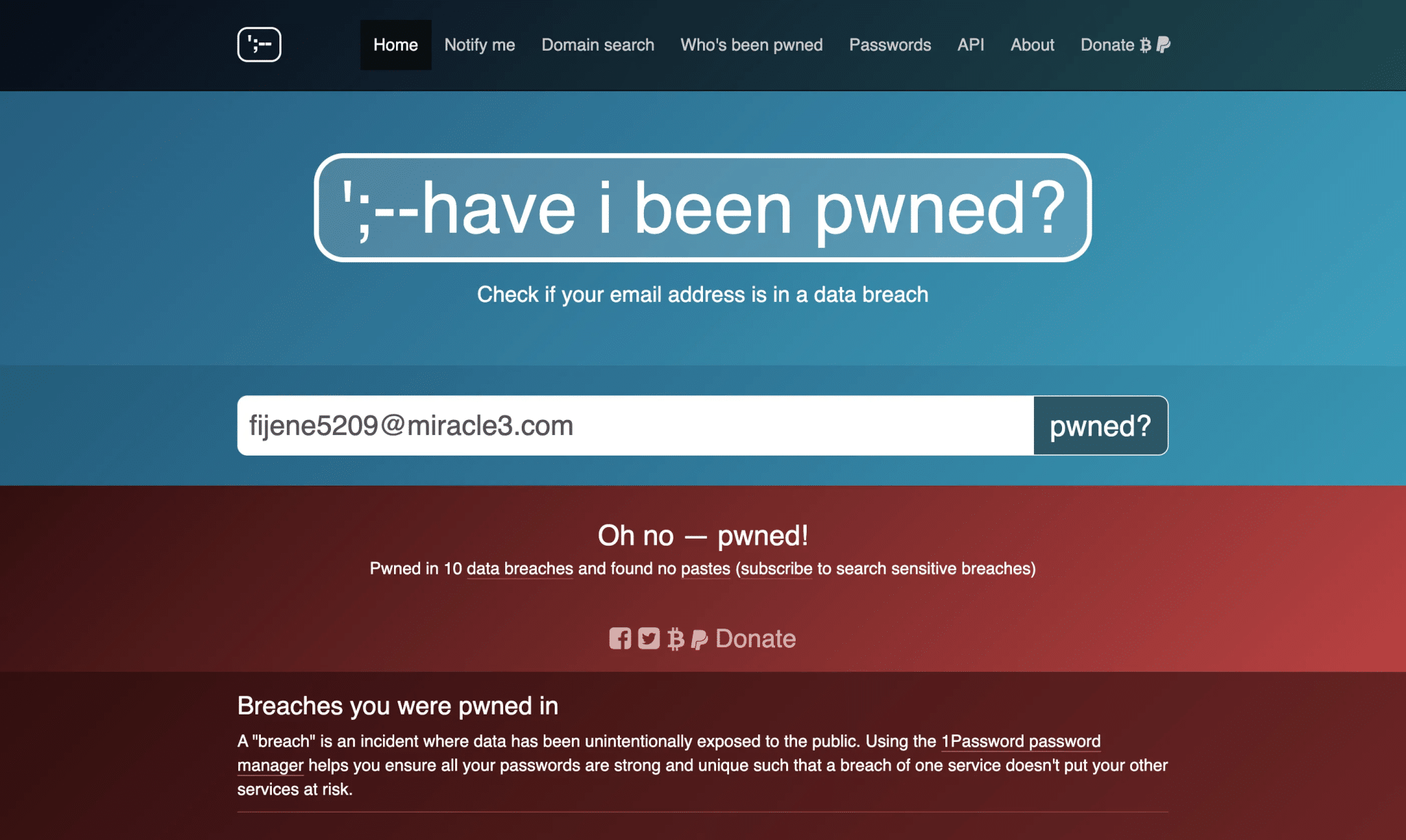 Have I Been Pwned site used to check if your email has been compromised