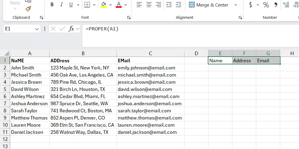 رأس الحالات التي تم إصلاحها باستخدام دالة PROPER في برنامج Excel.