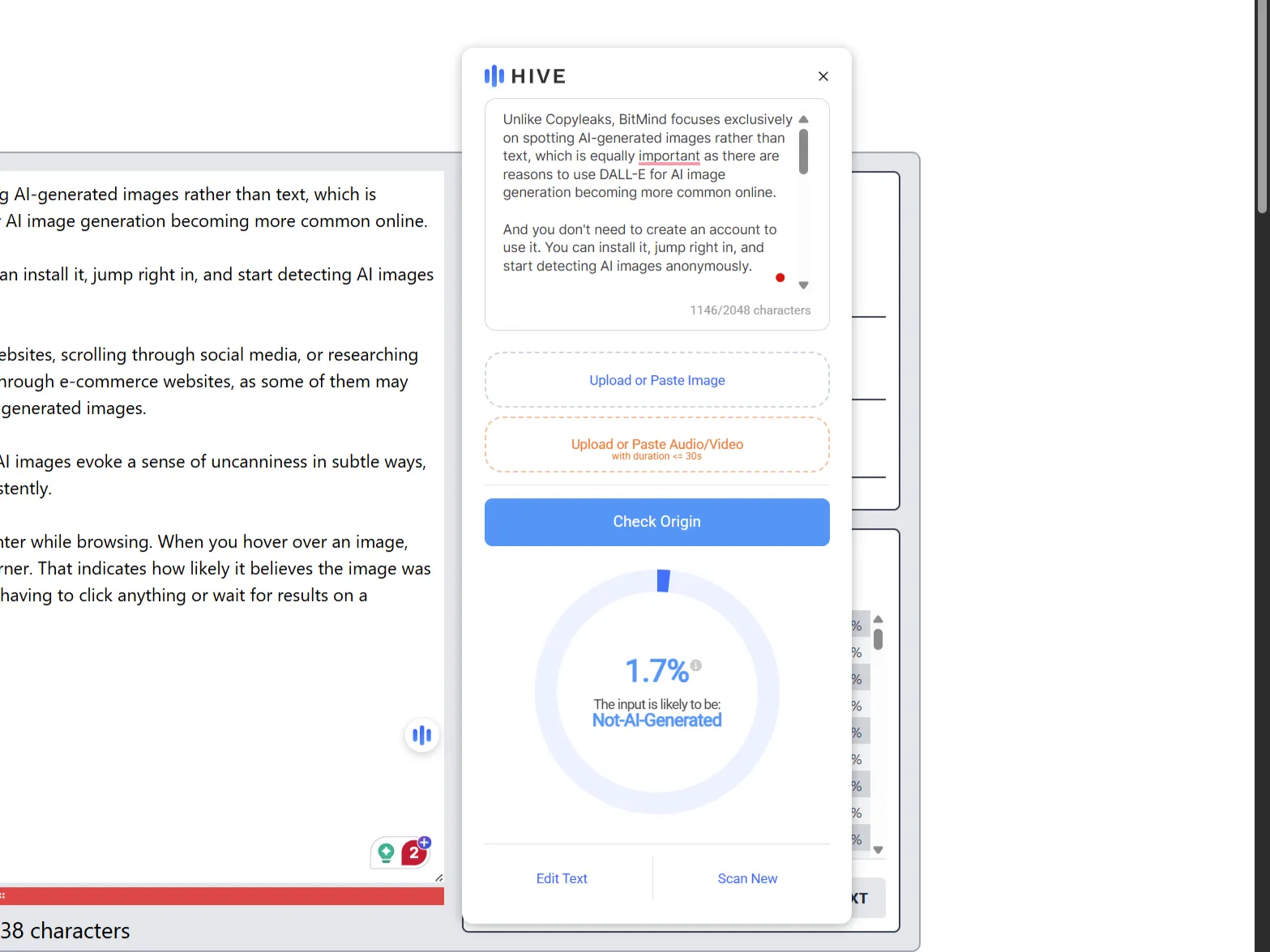 Hive AI Chrome extension confirming content as human written in the sidebar.