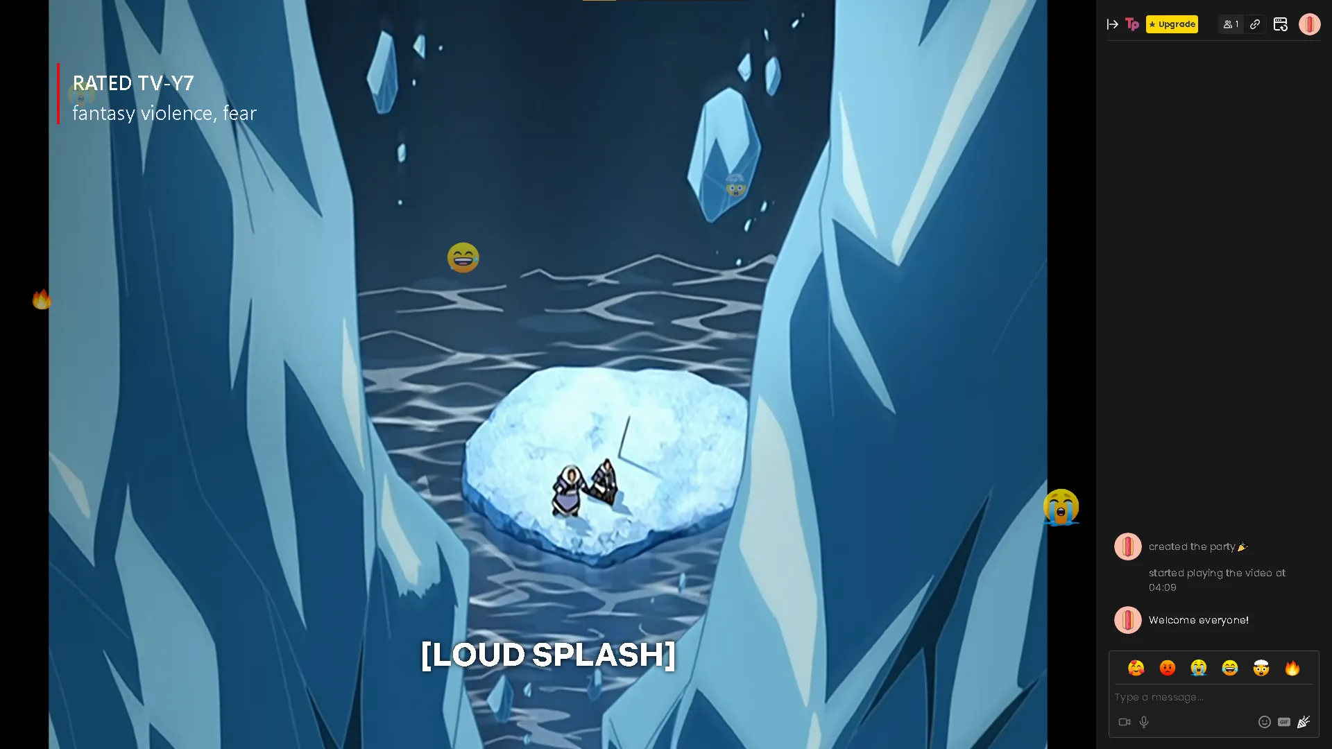 استضافة حفلة مشاهدة Avatar the Last Airbender في Teleparty، مع لوحة دردشة على اليمين وتفاعلات الرموز التعبيرية