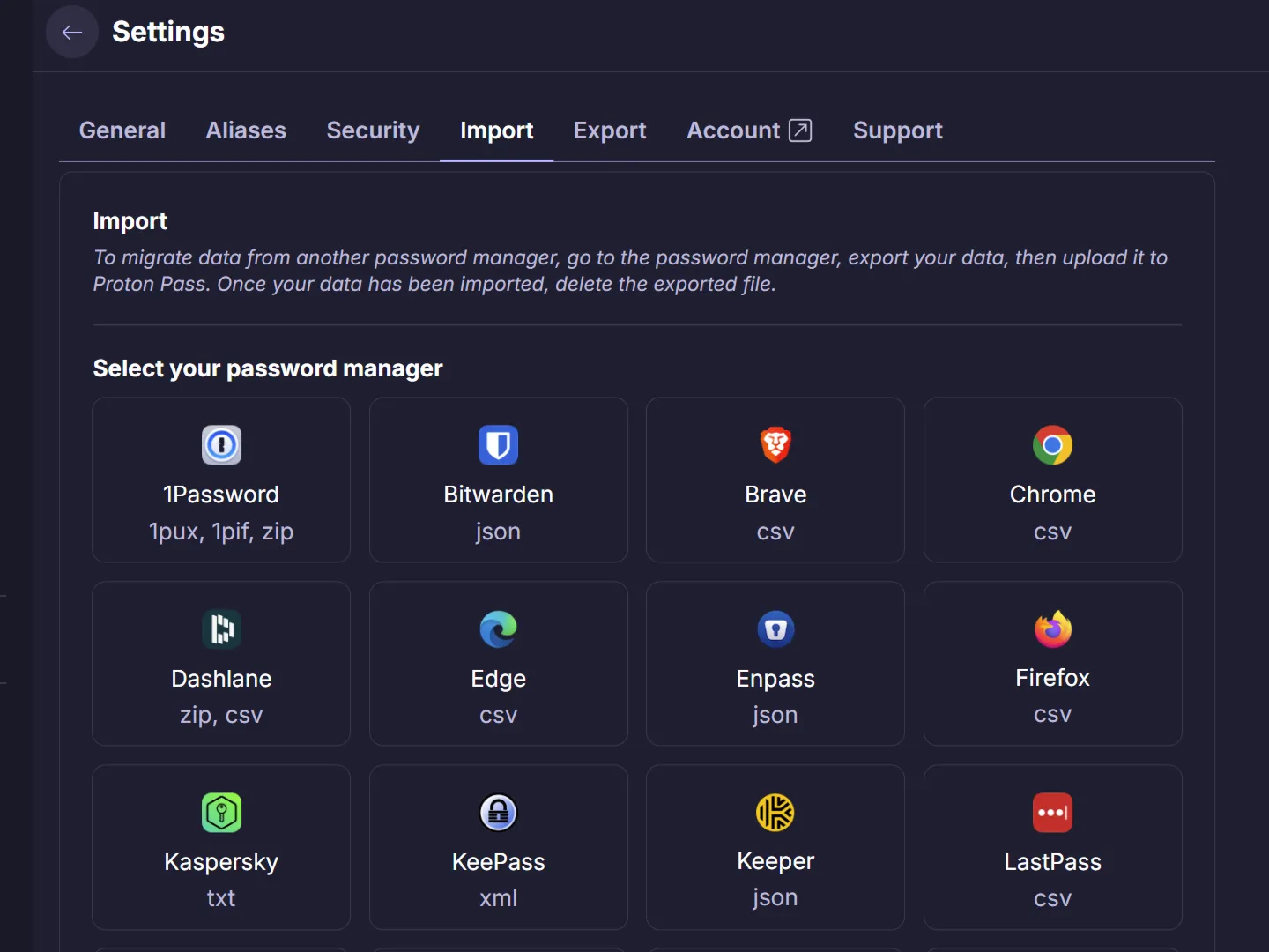 خيارات الاستيراد في Proton Pass تعرض مديري كلمات مرور مختلفين.